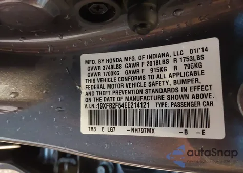 2014 Honda Civic Lx z USA, uszkodzony, nr VIN 19XFB2F54EE214121